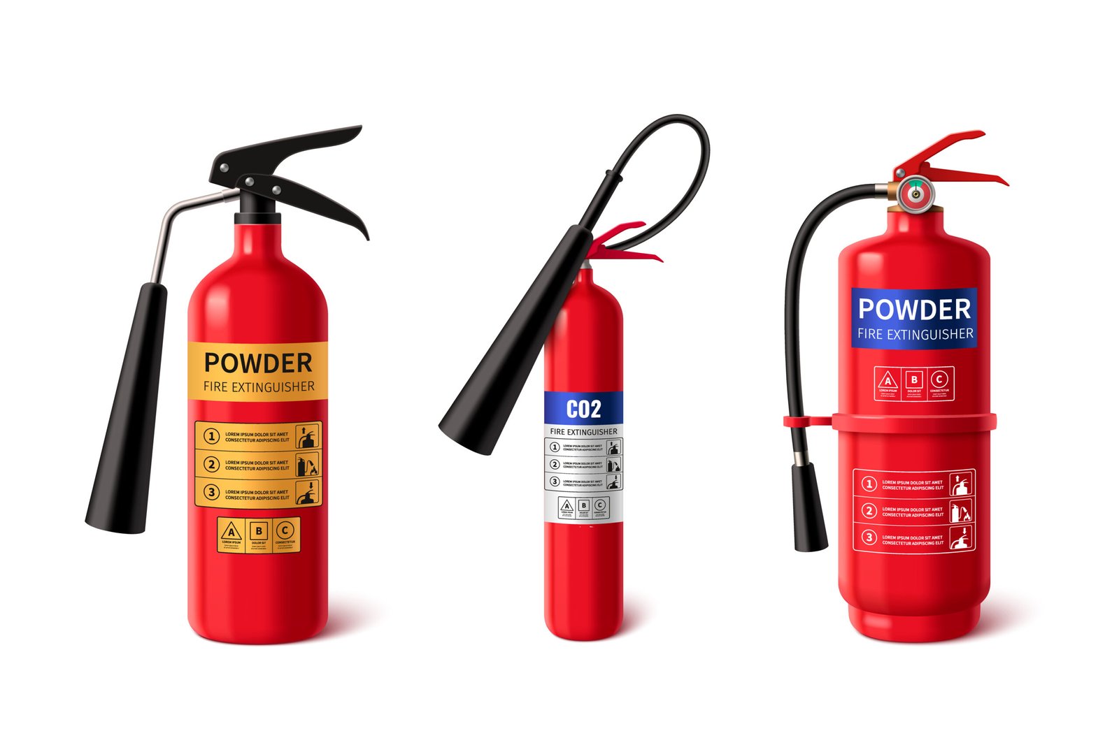 Realistic red fire extinguisher with sprayer and labels for instructions about providing emergency assistance in extinguishing flame. 3d vector set of different firefighter portable equipment mockup.